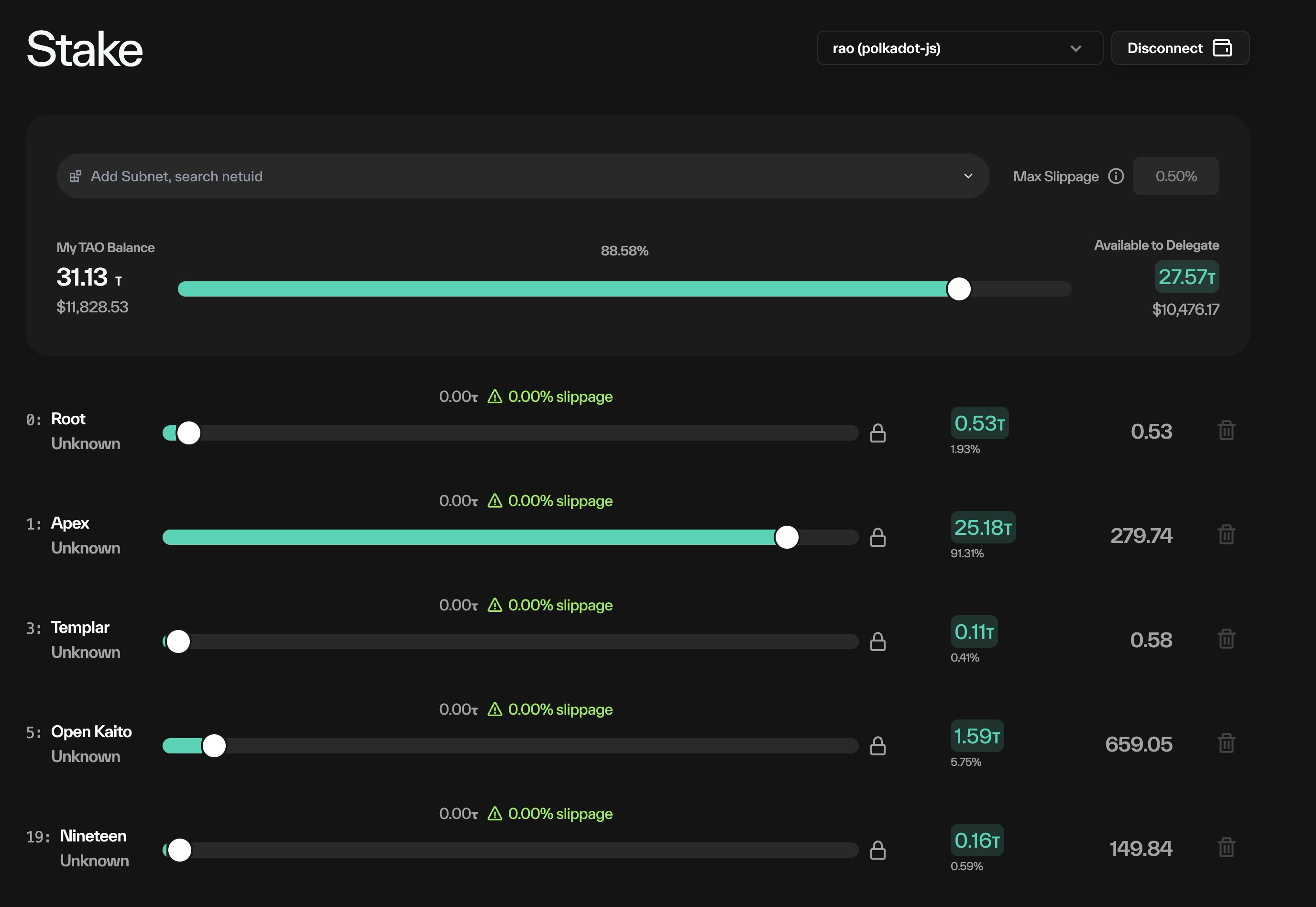 Taostats staking app balance overview with my TAO balance, an allocation slider with percentage, and available-to-delegate amount above a subnet list