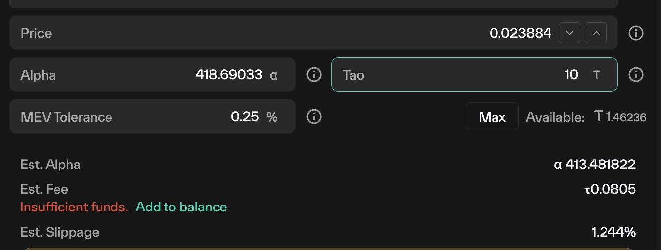 Taostats limit order form showing price, paired alpha and tao amount fields, MEV tolerance, and estimated alpha, fee, and slippage with an insufficient-funds warning