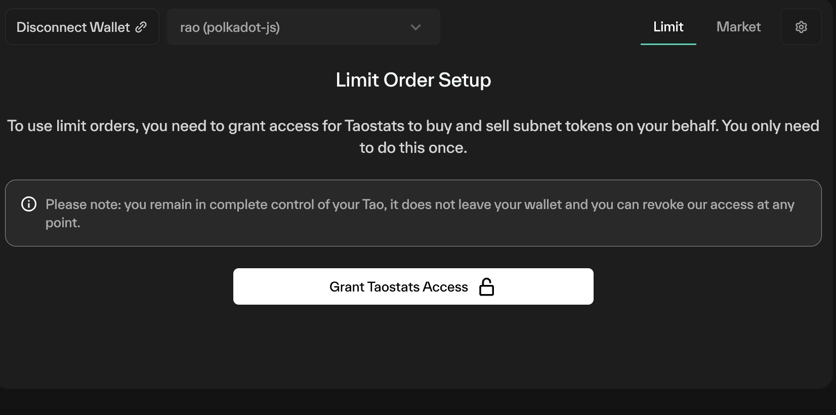 Taostats limit order setup panel prompting the user to grant proxy access to trade subnet tokens, with a reassurance notice and a grant-access button