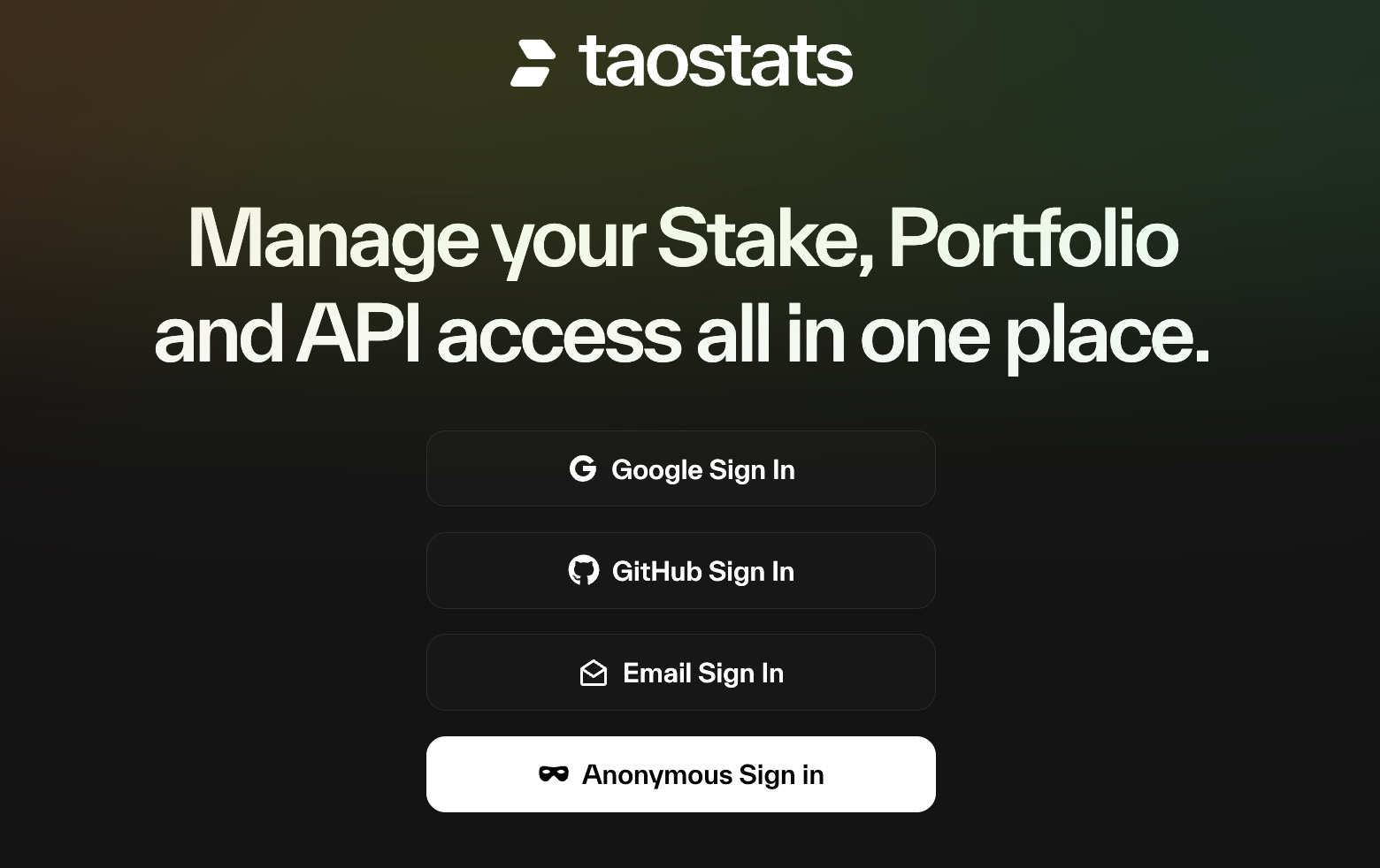 Taostats Pro sign-in screen offering Google, GitHub, Email, and Anonymous login options below the tagline about managing stake, portfolio, and API access