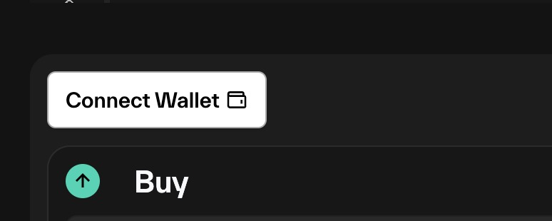 Dark-themed app panel with a light Connect Wallet button bearing a wallet icon and a Buy action below