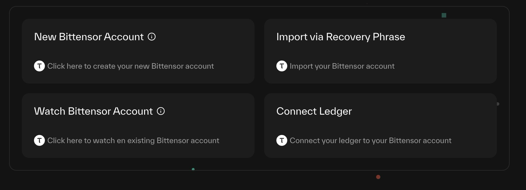 Taostats Chrome extension add-wallet menu with four options: New Bittensor Account, Import via Recovery Phrase, Watch Bittensor Account, and Connect Ledger
