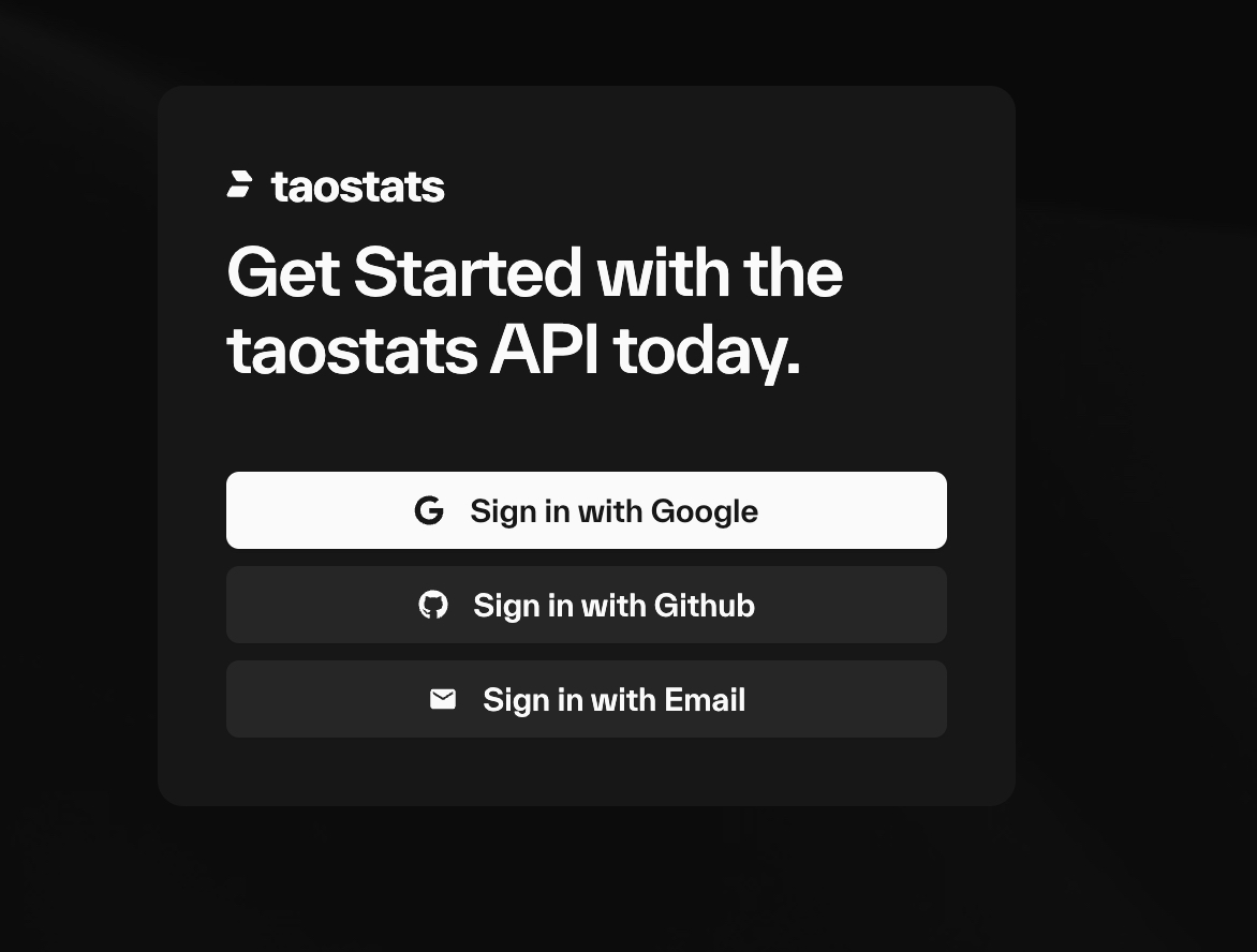 Taostats API sign-in card headed