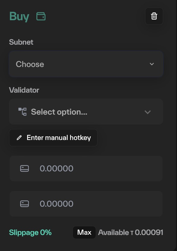 Taostats new position buy form with subnet and validator dropdowns, a manual hotkey option, amount inputs, slippage, Max button, and available balance