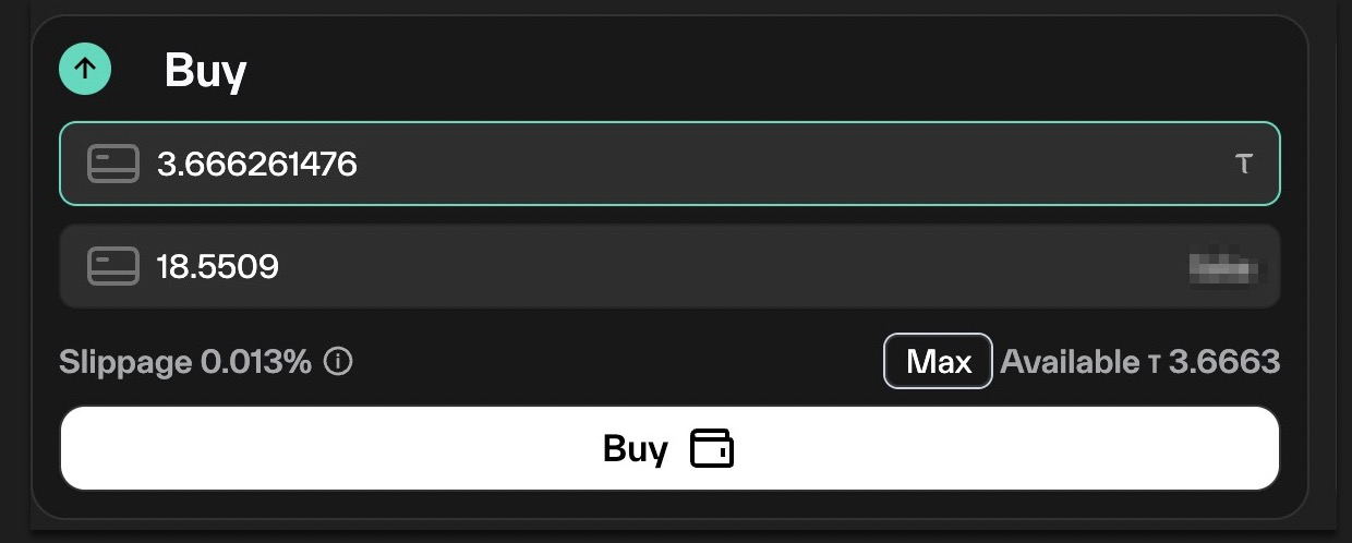 Taostats buy panel showing token amount inputs, a slippage indicator, a Max button, and available balance for staking