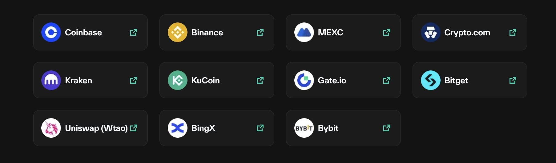 Taostats where-to-buy page showing a grid of clickable exchange cards, each with a logo, name, and external-link icon
