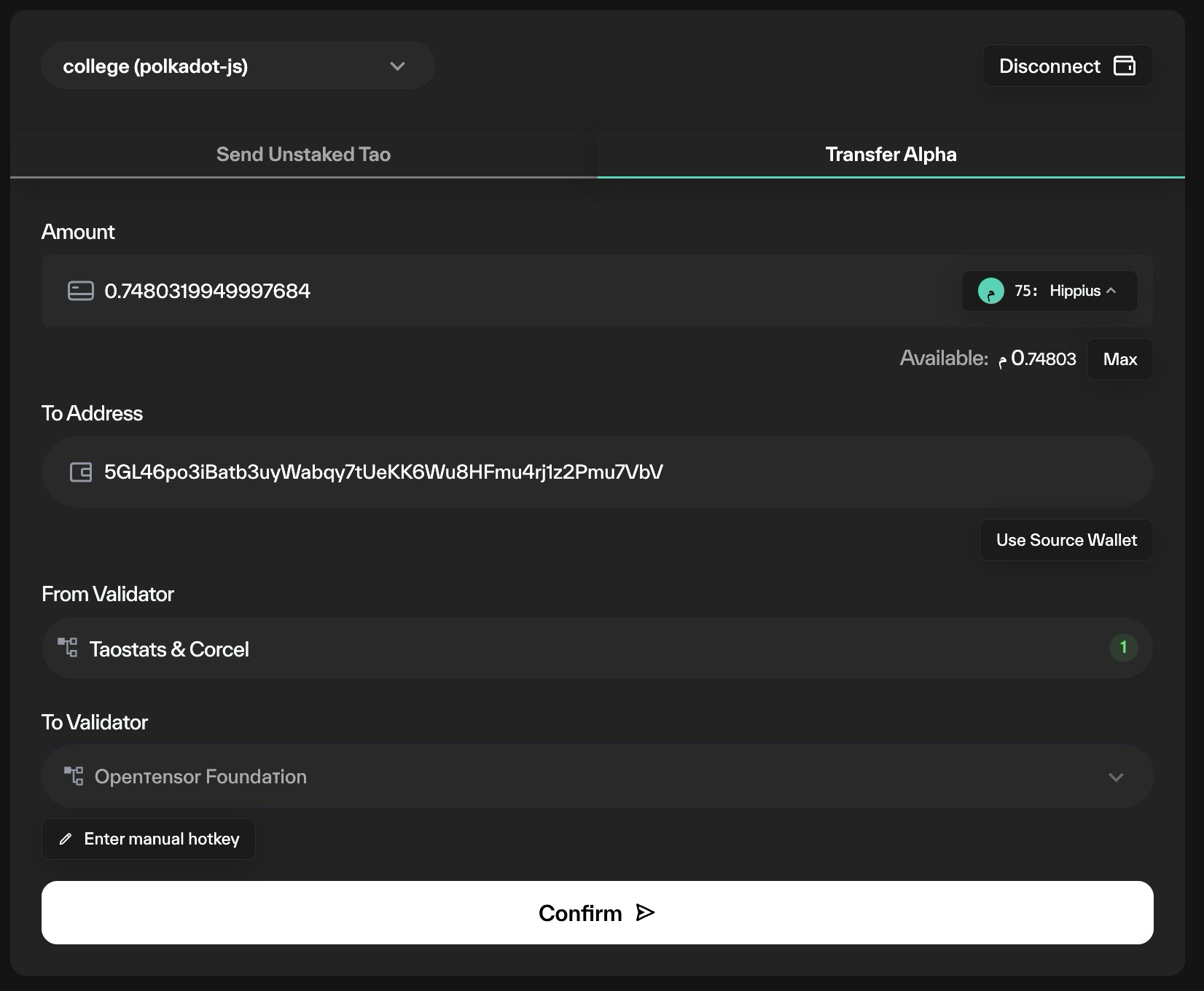 Taostats transfer alpha form with amount, to address, from and to validator fields and a confirm button to complete the stake transfer on chain