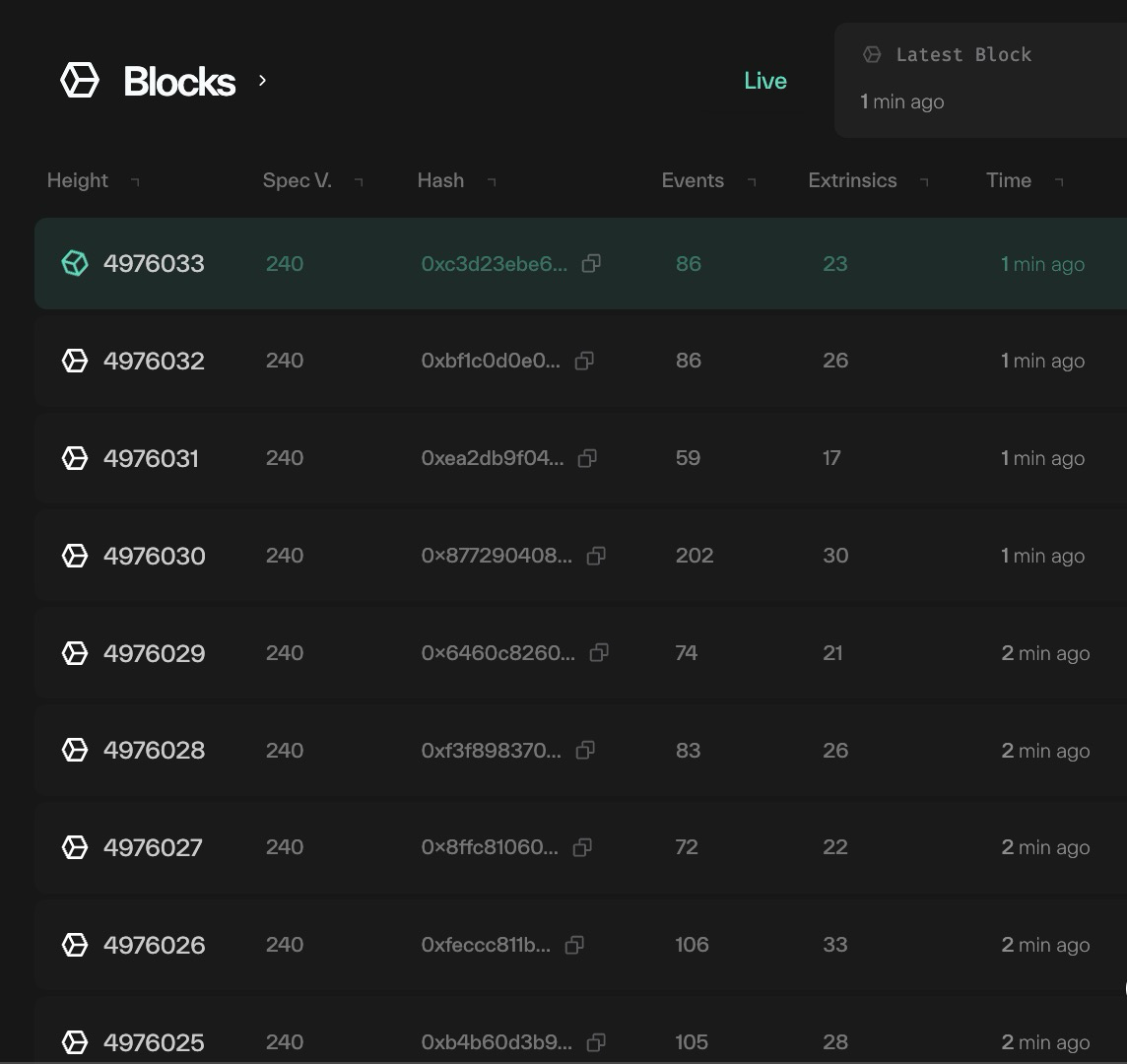 Taostats homepage live Blocks explorer table listing block height, spec version, hash, event count, extrinsic count, and time for recent blocks
