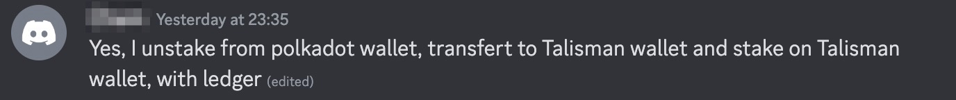 Dark-themed Discord chat message describing unstaking from one wallet app and re-staking in another via a hardware device