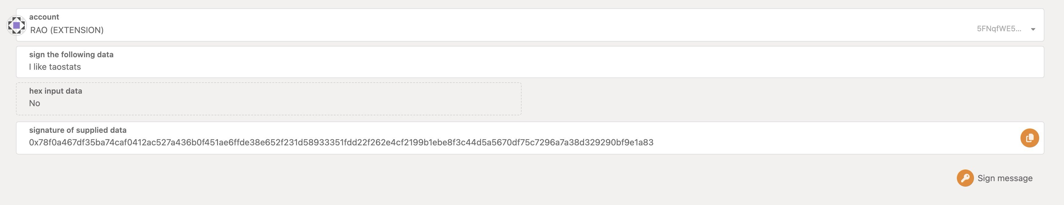 Wallet message-signing panel with an account selector, message field, hex-input toggle, resulting signature field with copy button, and a Sign message button