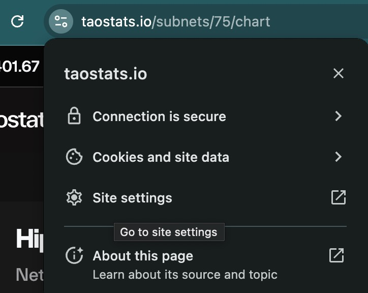 Chrome site information dropdown for taostats.io showing connection security, cookies, site settings, and about-this-page options