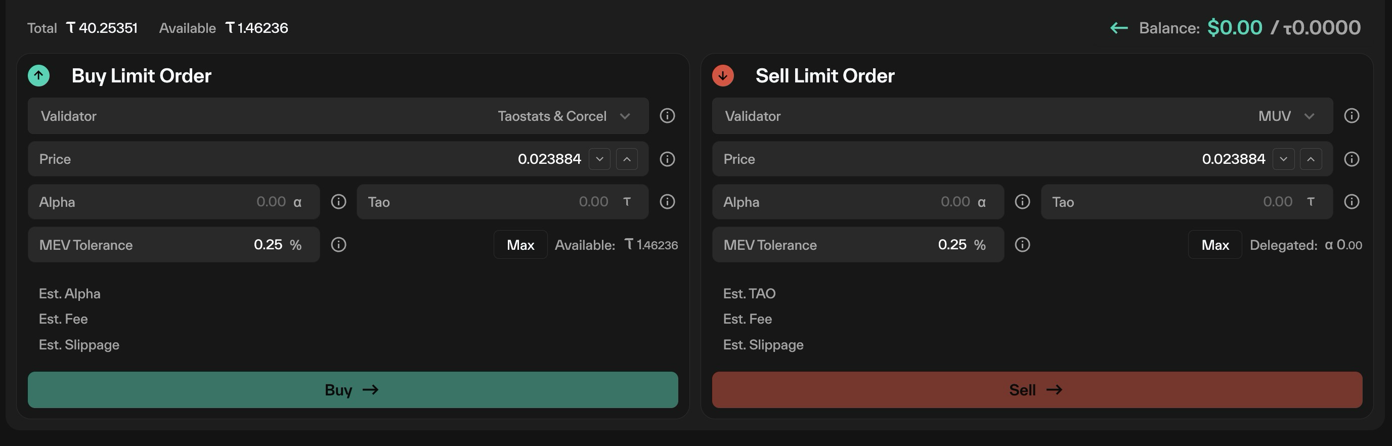 Taostats limit order interface with mirrored buy and sell panels offering validator, price, alpha/tao amount, and MEV tolerance fields plus fee and slippage estimates