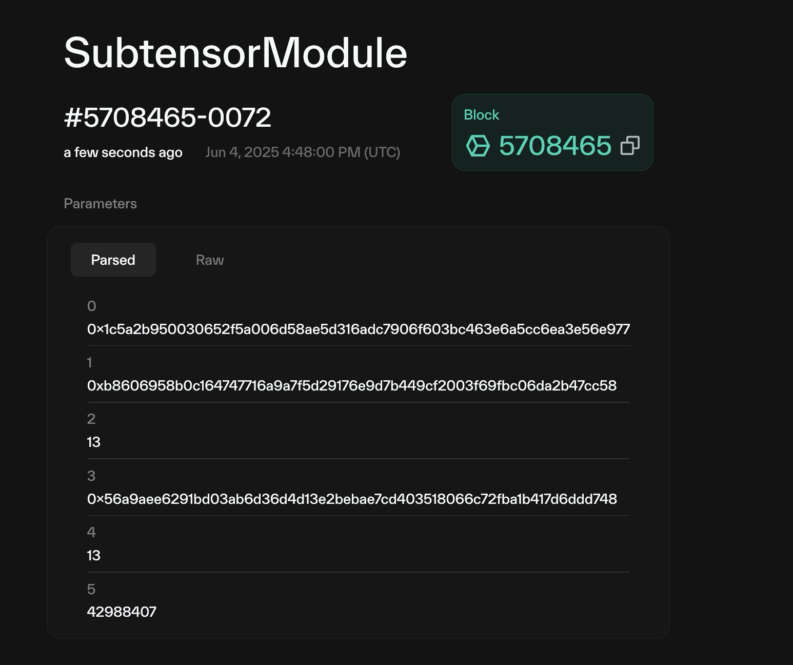 Taostats event detail page showing module title, event ID, timestamps, a block card, and a parsed/raw parameters panel