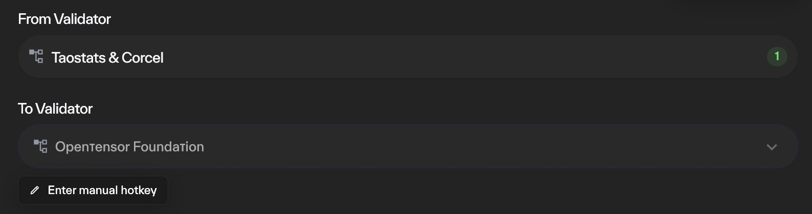 Taostats transfer app From Validator and To Validator selectors with a dropdown and an enter-manual-hotkey option for choosing the new validator