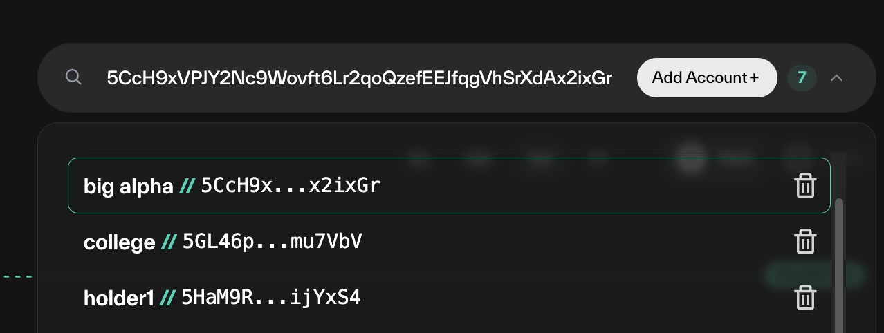 Taostats Pro portfolio wallet-picker dropdown expanded from the search bar, listing saved wallets with delete icons