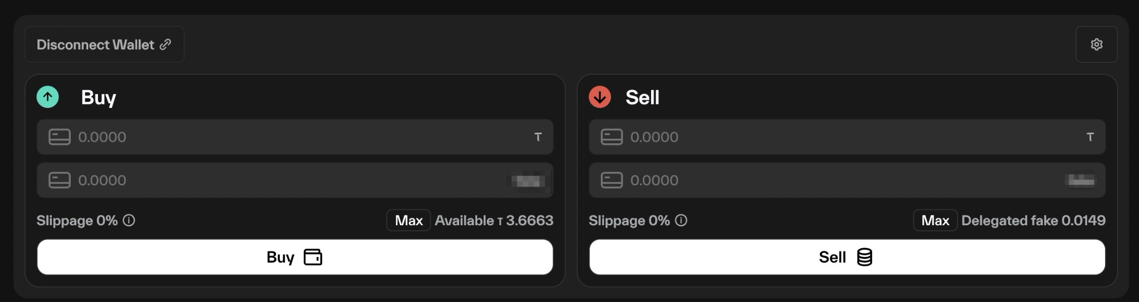 Taostats subnet staking panel with mirrored buy and sell cards showing token amount inputs, slippage, Max buttons, balances, and action buttons