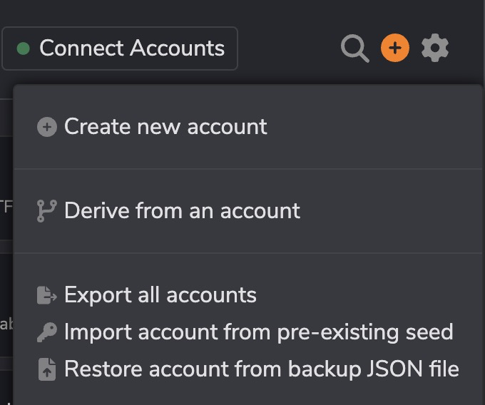 Polkadot-js browser extension add-account dropdown menu showing options to create, derive, import from seed, or restore an account from backup