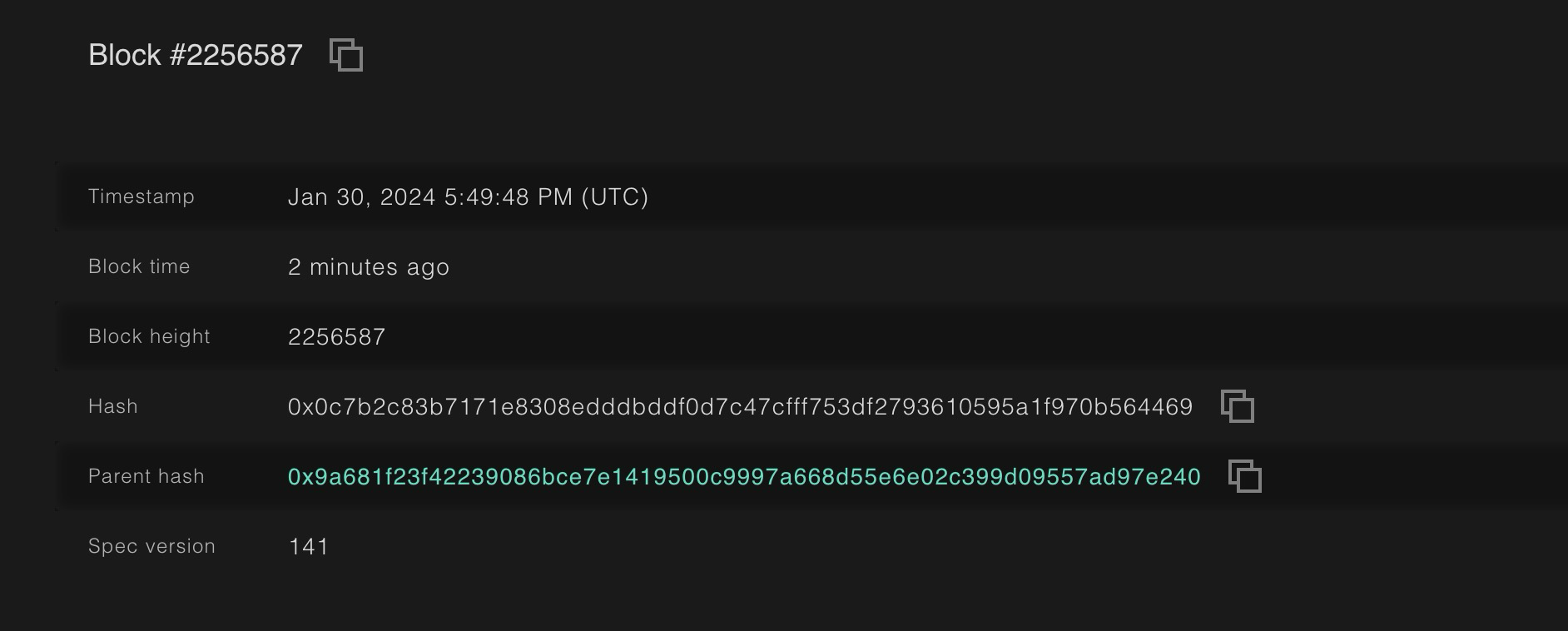 Taostats block details page showing label-value fields for timestamp, block time, block height, hash, parent hash, and spec version