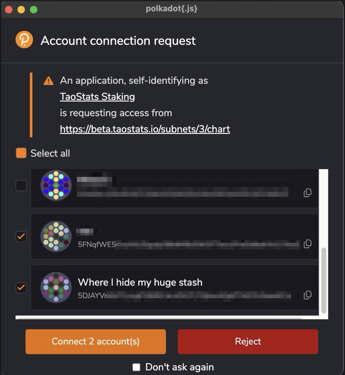 Polkadot.js account connection request dialog showing the requesting app and URL, an account selection list with identicons, and Connect and Reject buttons