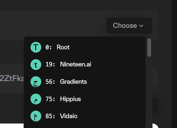 Taostats transfer app with an open subnet selector dropdown listing subnets by icon, ID, and name to choose the one to swap
