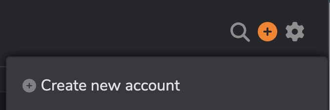 Dark-themed wallet toolbar with search, an orange add button, and settings, plus a dropdown offering a Create new account option
