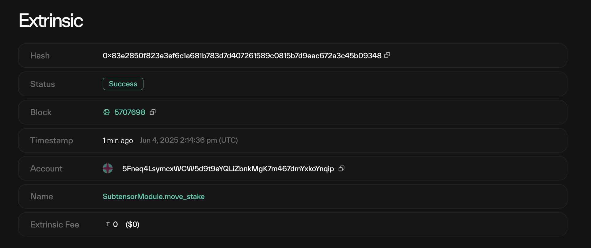 Taostats extrinsic detail page top section showing hash, status, block, timestamp, account, name, and fee fields