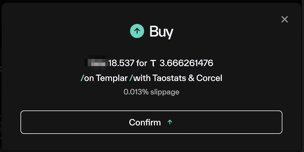 Taostats buy confirmation popup summarizing the token amount, cost in TAO, routing providers, and slippage with a confirm button