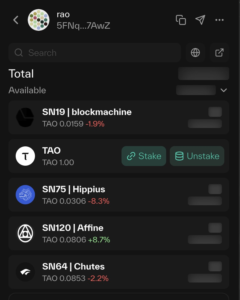 Taostats Chrome extension wallet view with hidden balances and inline Stake and Unstake buttons on the TAO row above subnet positions