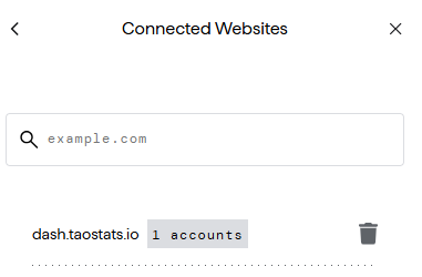 Wallet extension Connected Websites screen with a search field and a site entry showing linked account count and a trash icon to revoke access