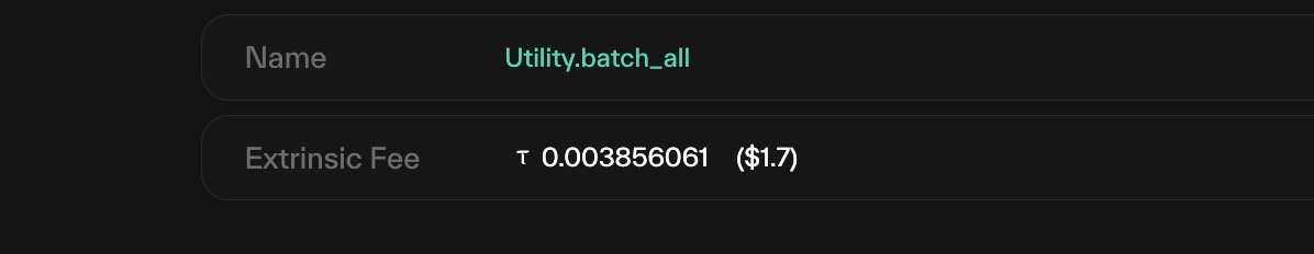 Taostats extrinsic detail showing a Utility.batch_all name and the total extrinsic fee in TAO with a USD equivalent