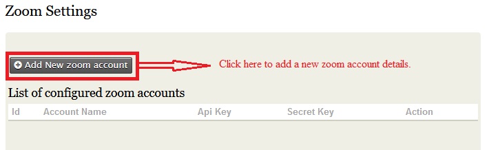 Screenshot of add new zoom account button