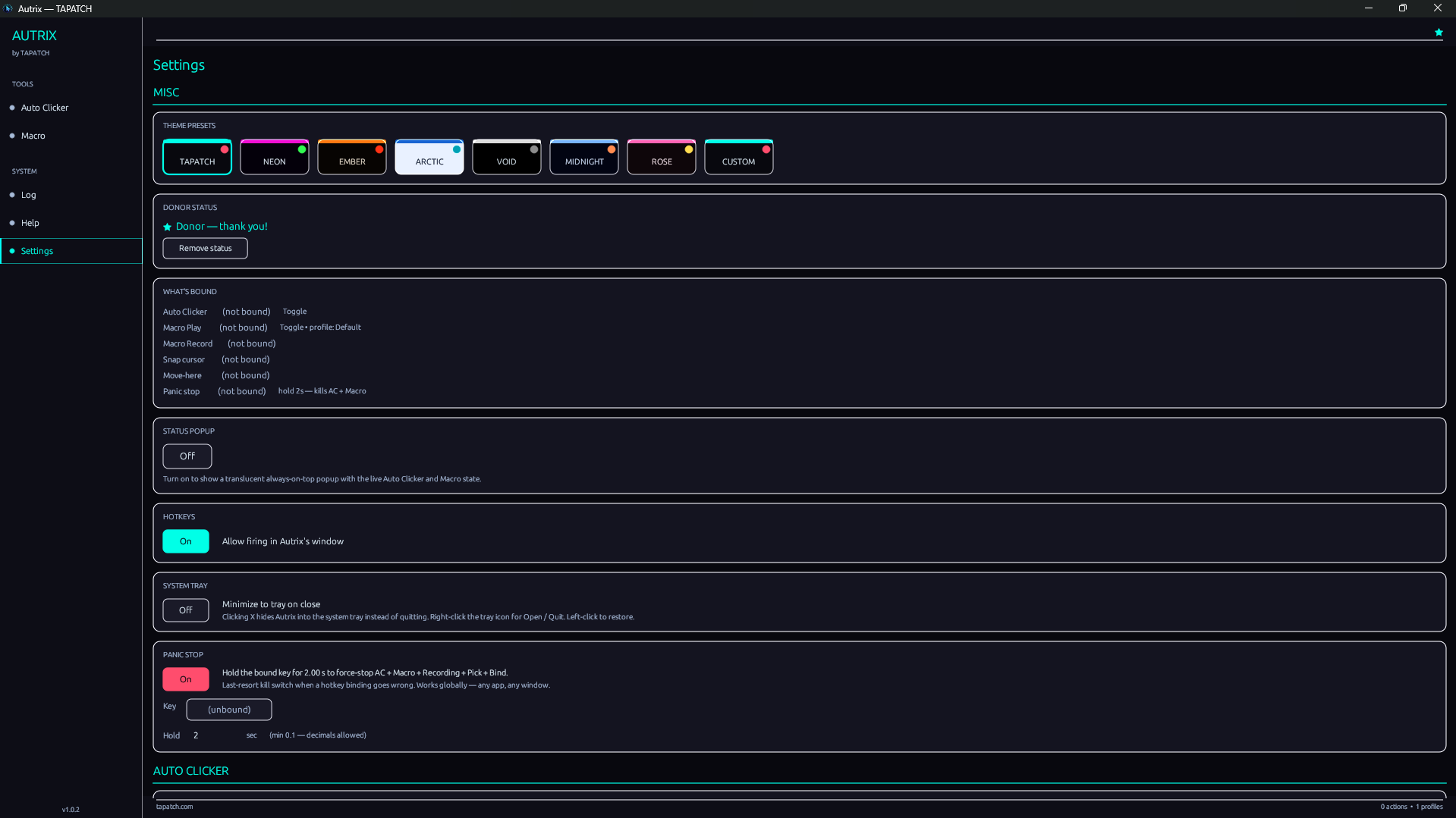 Autrix — Settings (Themes / Status Popup)