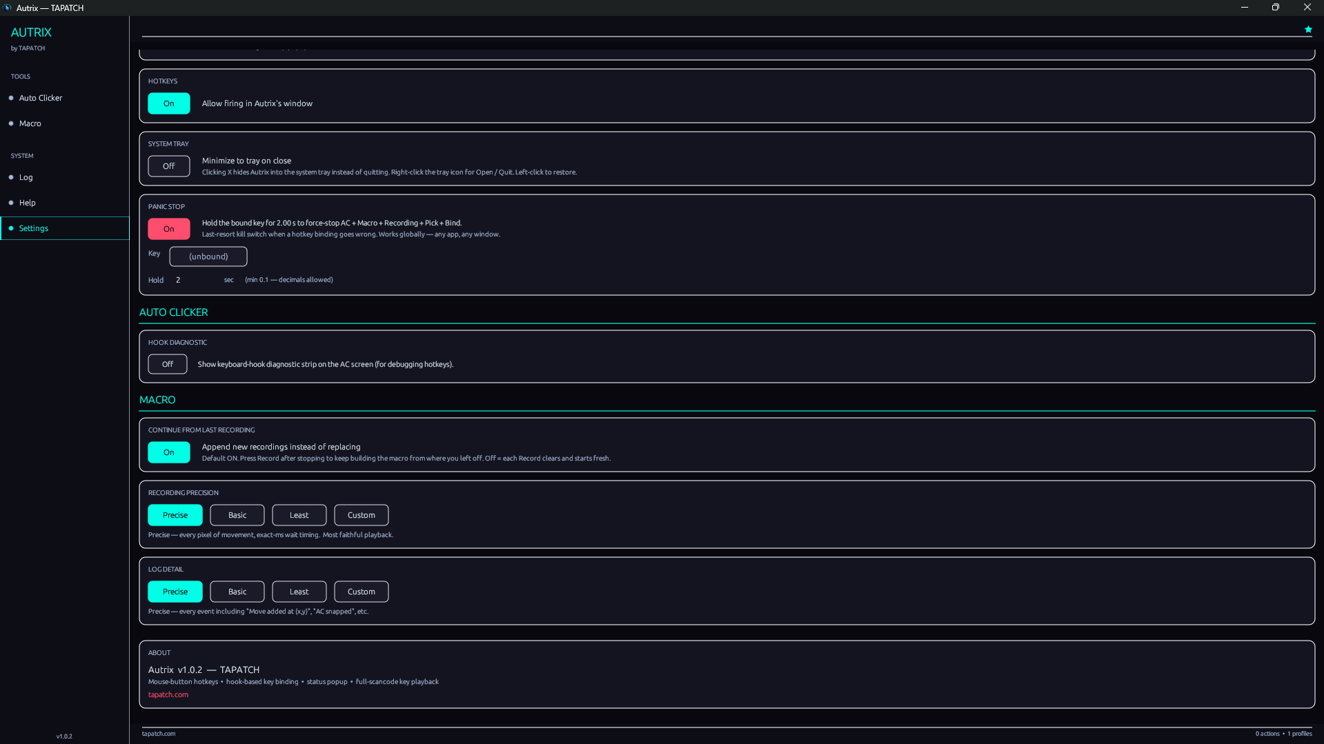 Autrix — Settings (Hotkeys / Panic Stop / Macro)