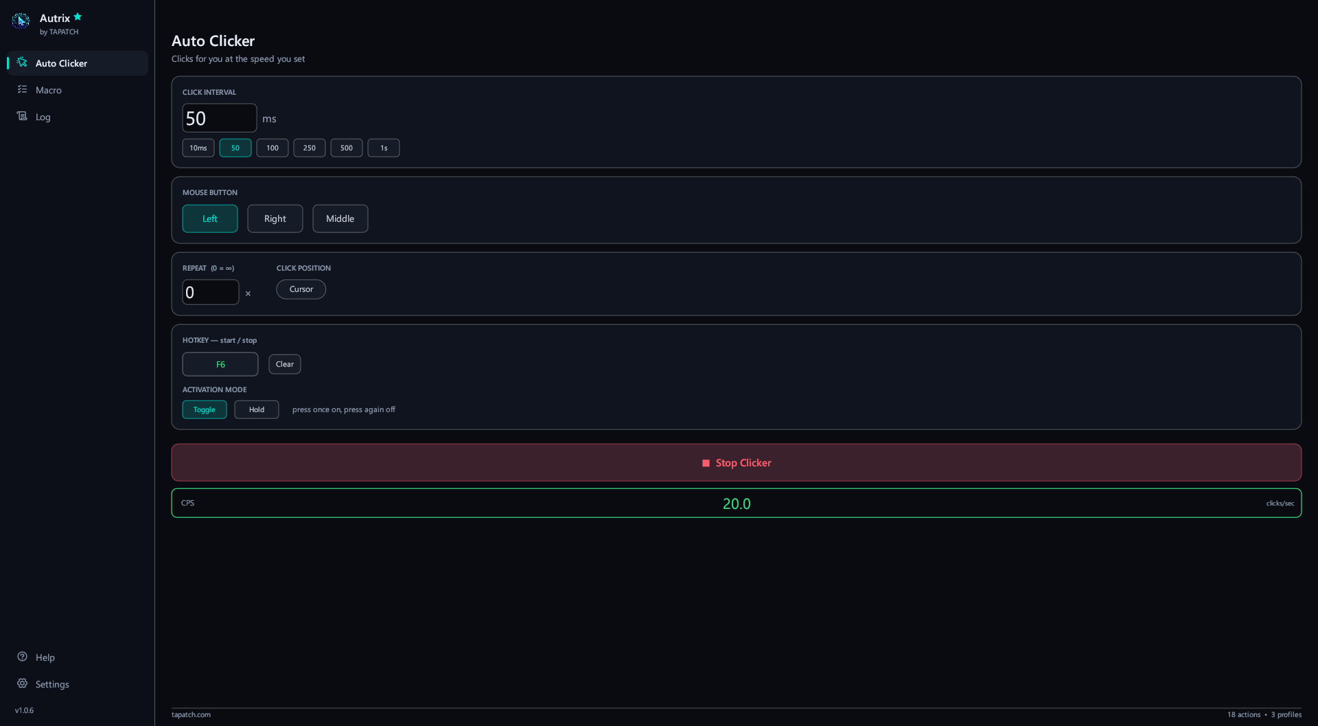 Autrix — Auto Clicker running, with live clicks per second