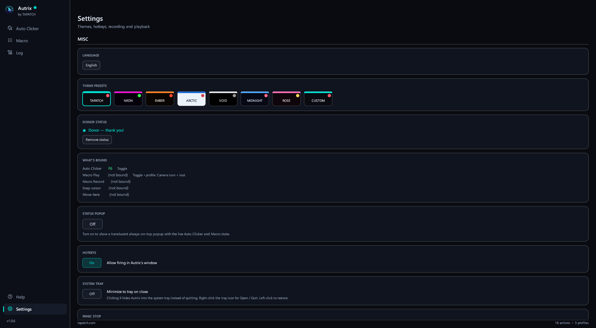 Autrix — Settings: language, themes and hotkeys