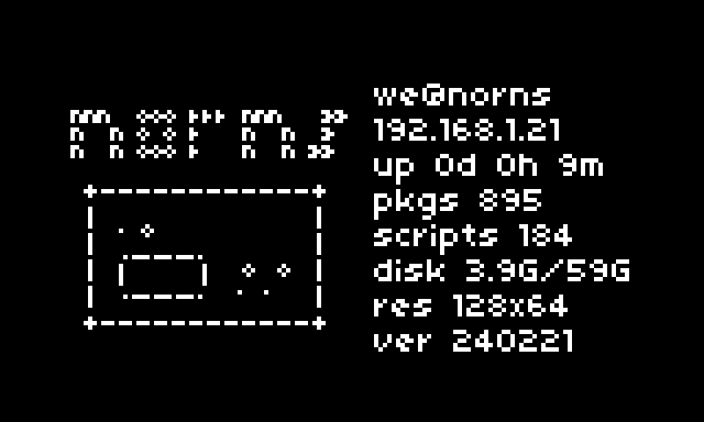 screenshot showing ascii art norns and system info displayed on norns screen