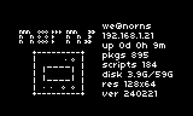 screenshot showing ascii art norns shield and system info displayed on norns screen