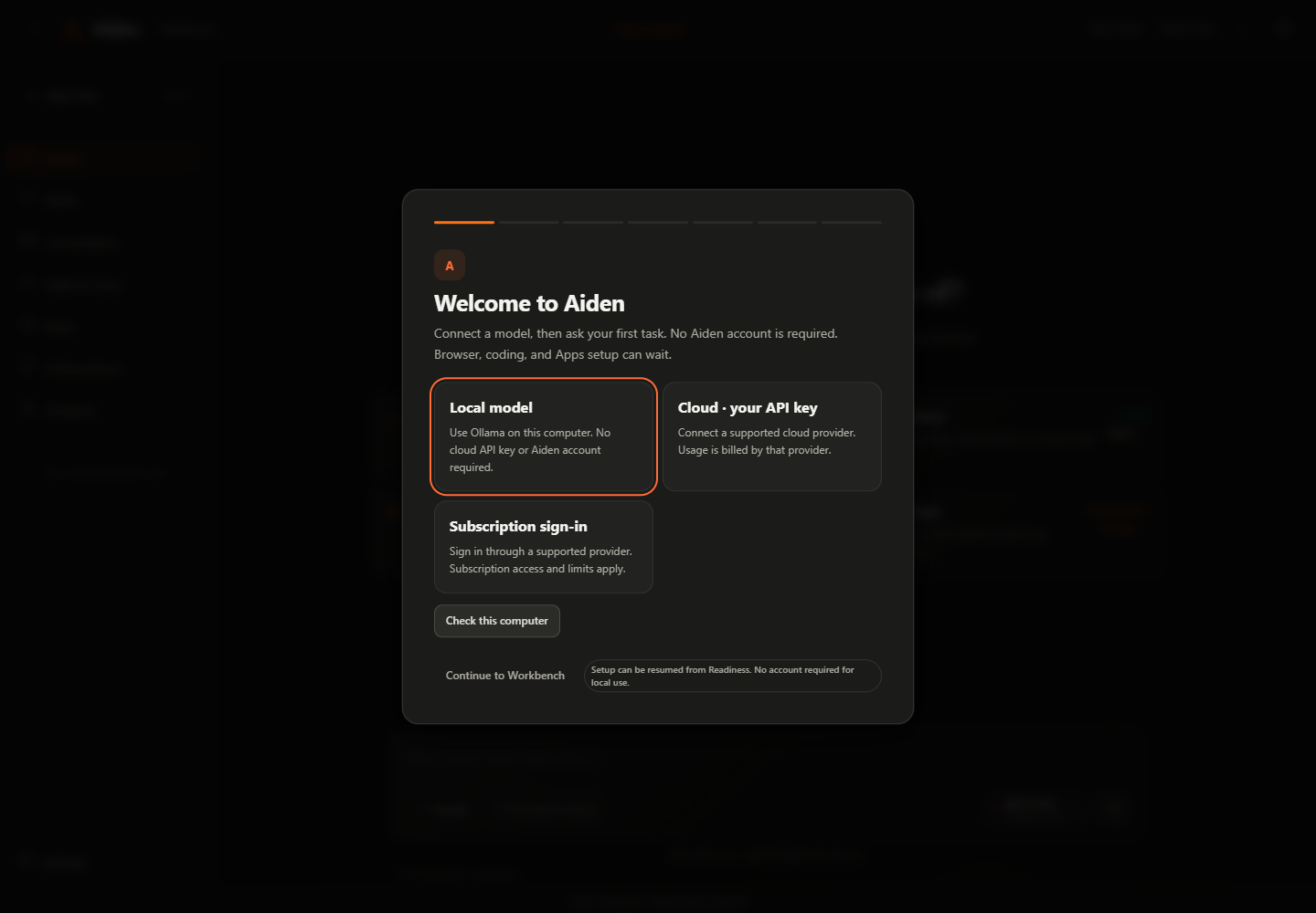 Aiden onboarding and model connection choices