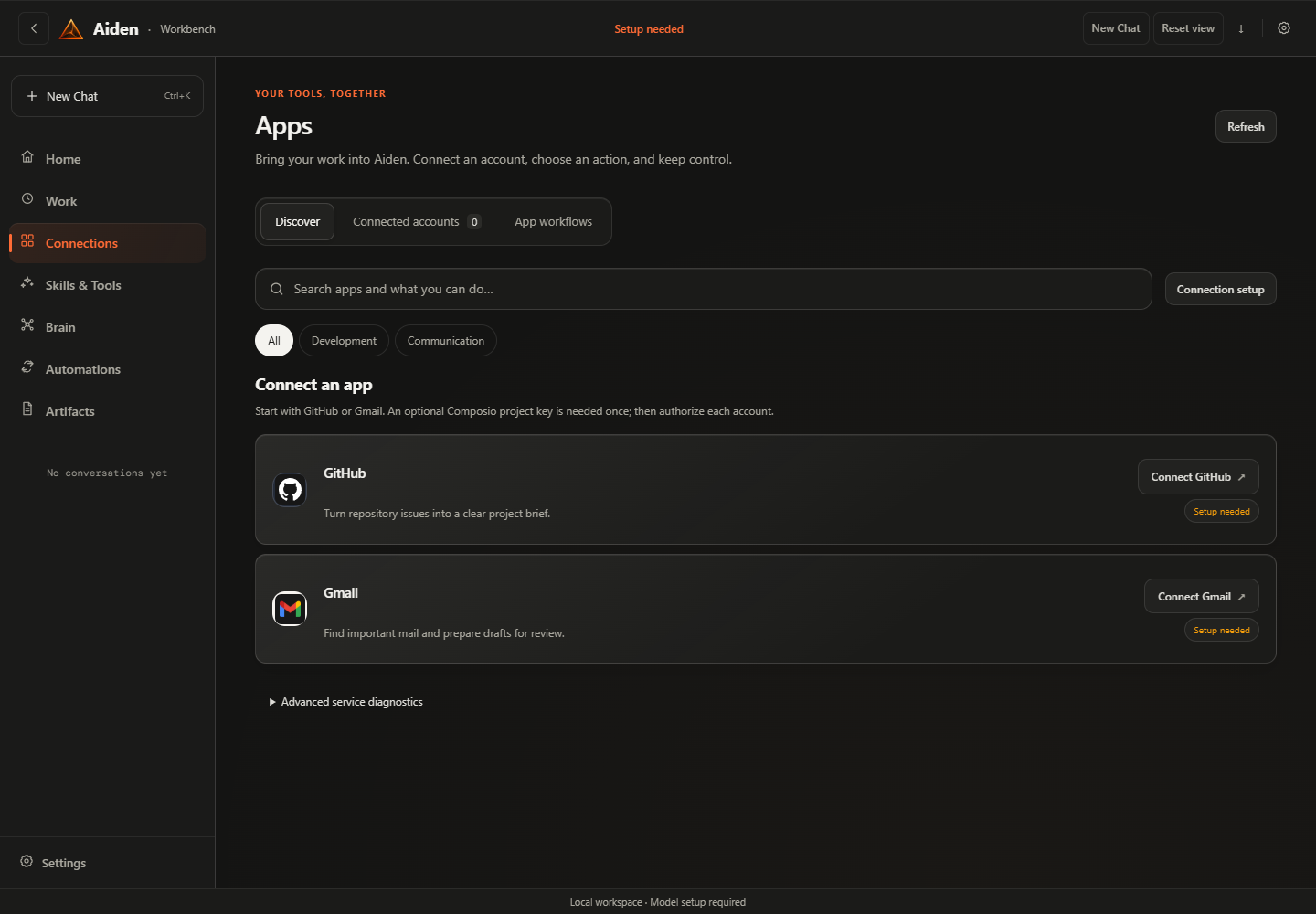 GitHub and Gmail setup in Aiden Apps