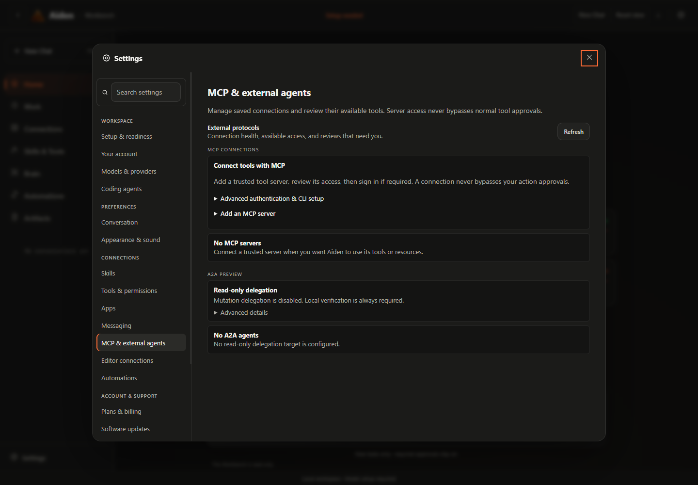 Aiden MCP and external agents settings