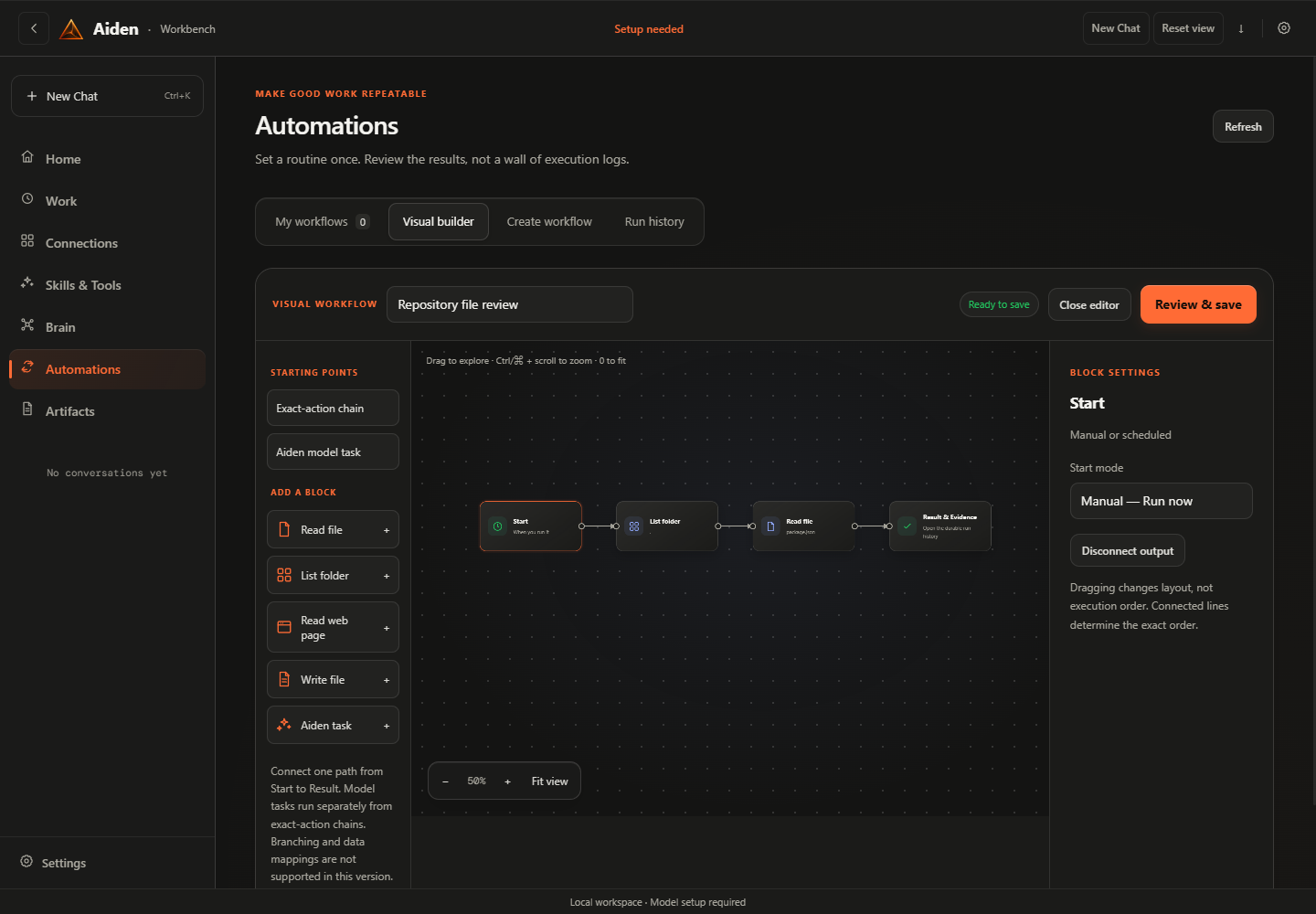 An unsaved starting template in the Aiden visual workflow builder