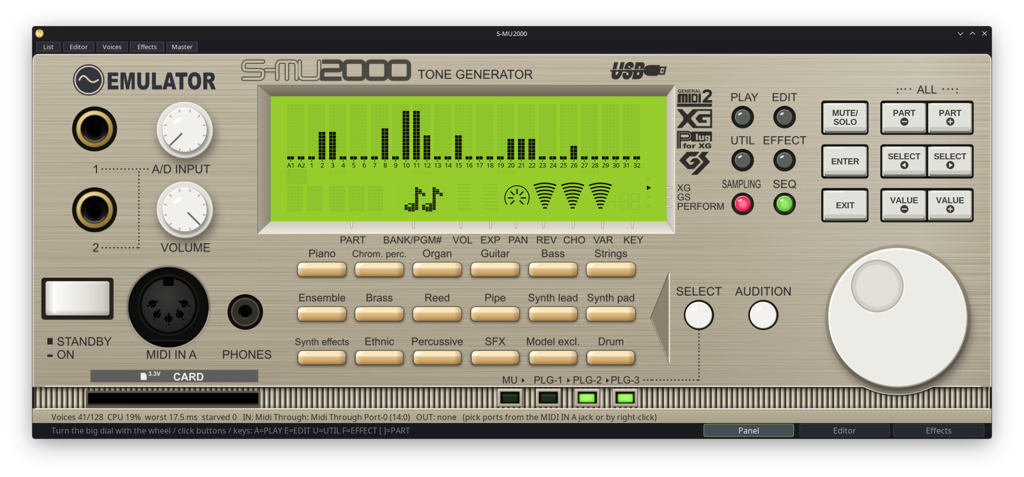 S-MU2000 standalone window showing the MU2000 front panel with a green LCD of part levels, the button grid and the data dial