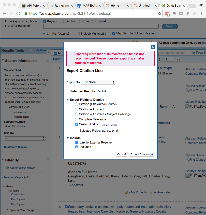 2. Exporting from Ovid - select 'EndNote' as the export format, then select 'Custom Fields', and click the 'Select Fields' button