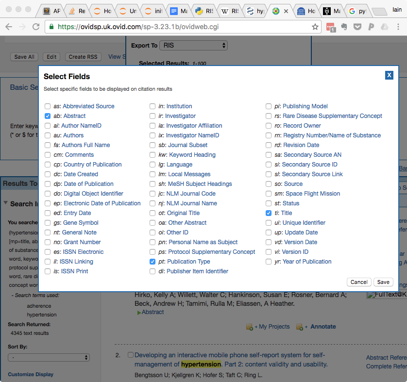 2. Exporting from Ovid - select the following 3 fields to export: ab: Abstract, pt: Publication Type, and ti: Title