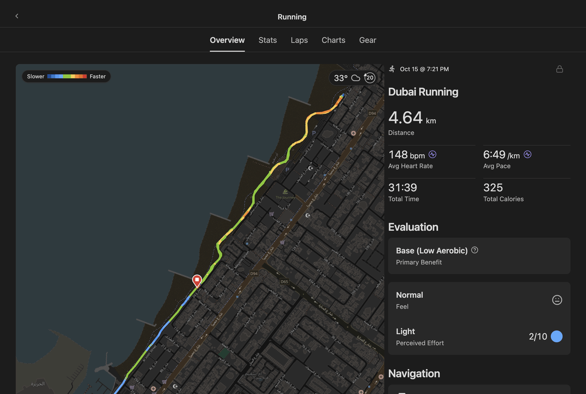 A run's page: the route coloured by pace on an OpenStreetMap map, beside its stats and evaluation