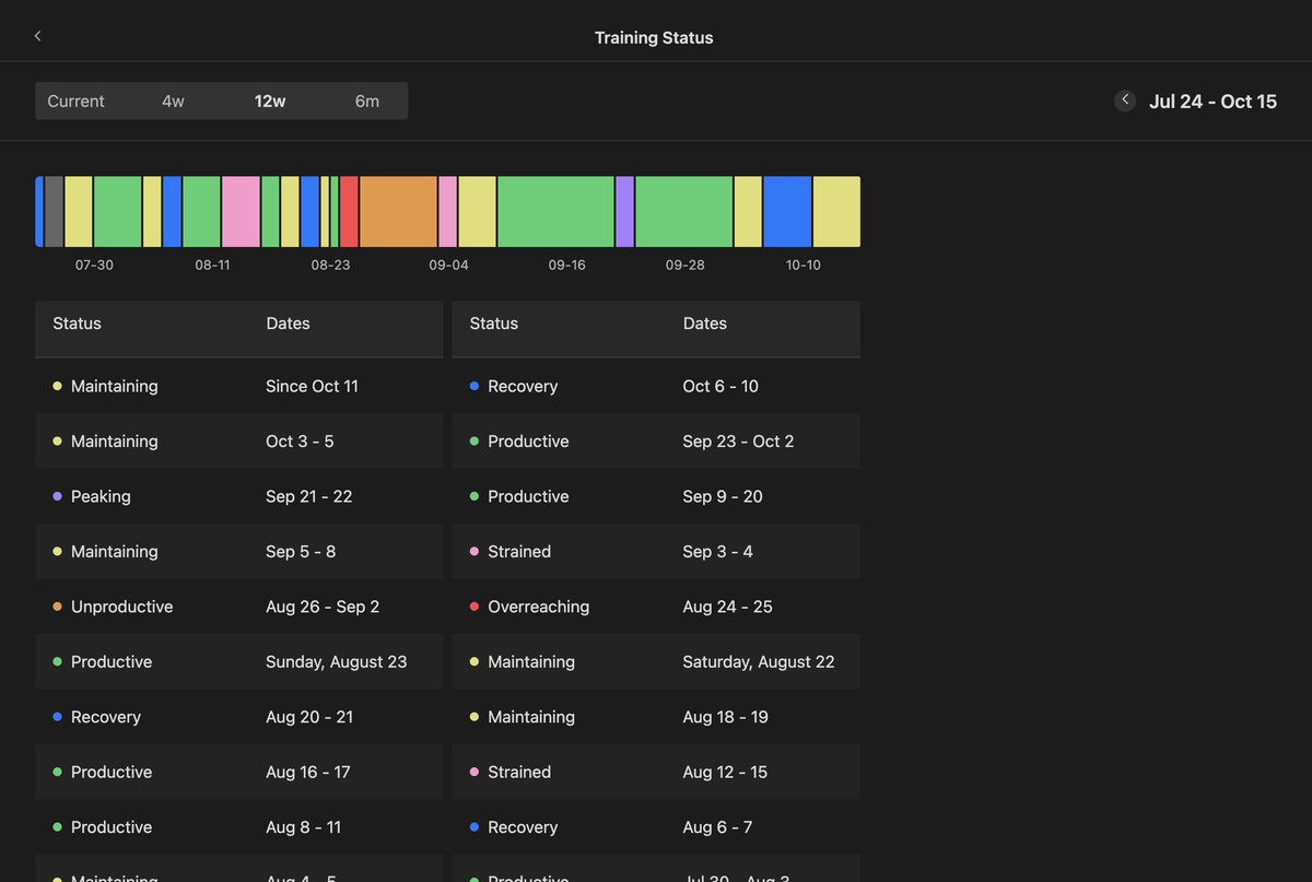Training Status over 12 weeks: a coloured status bar and the dates of each status