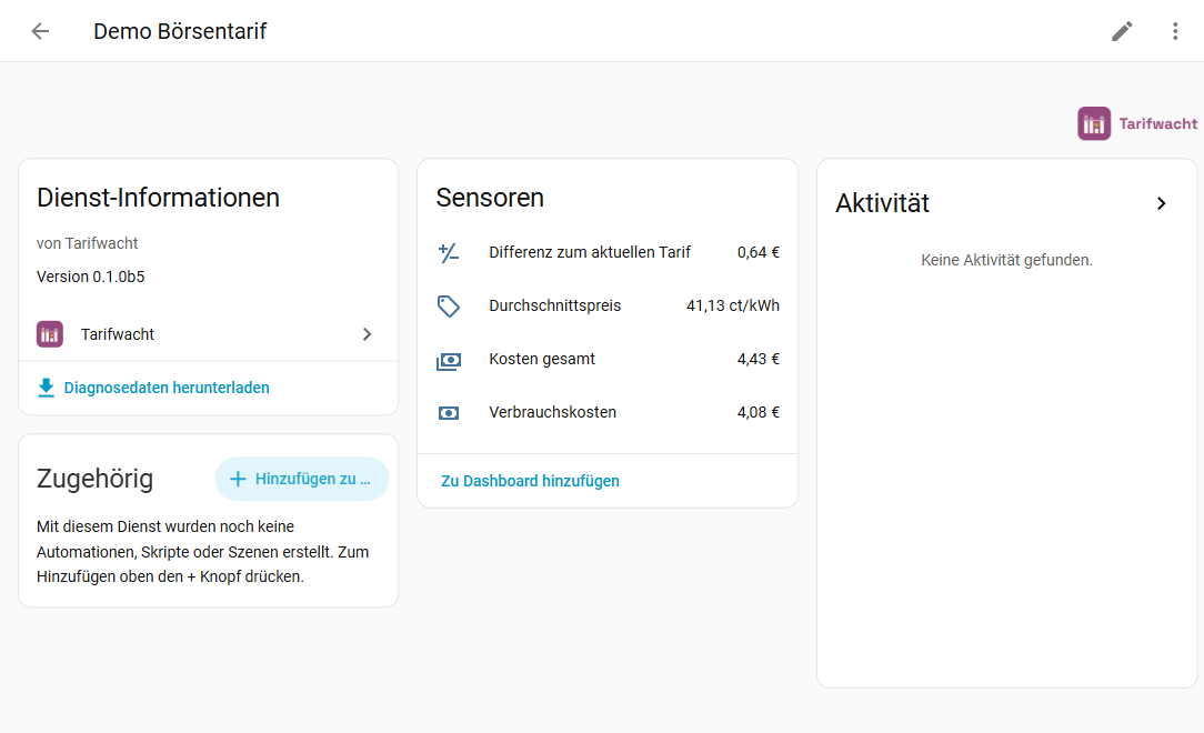 Gerät eines Tarifs mit Kosten, Durchschnittspreis und Differenz zum aktuellen Tarif