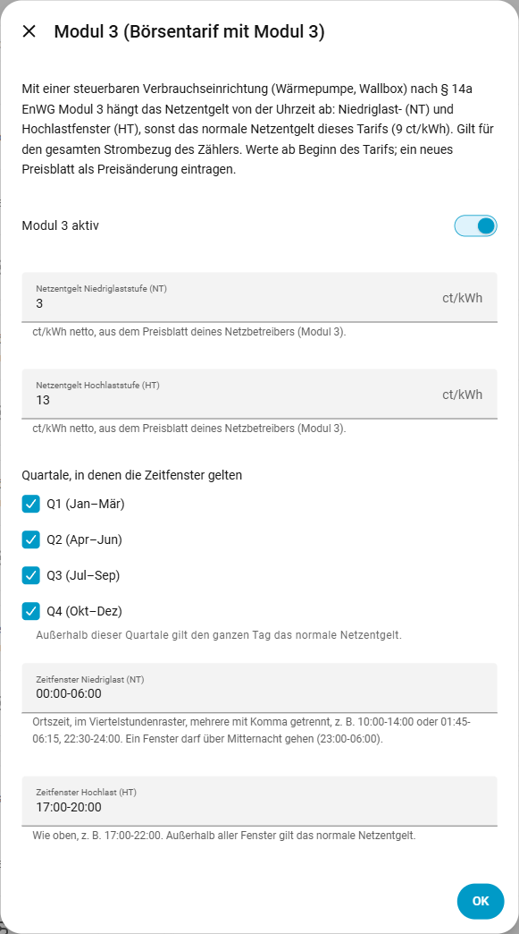 Modul 3 mit Niedrig- und Hochlastfenstern