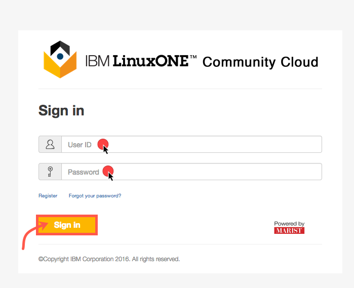 Sign in to LinuxONE Community Cloud.