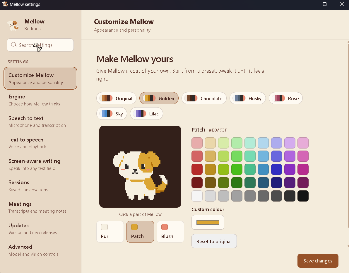 The Customize Mellow settings page, showing coat presets and a colour grid beside a preview of Mellow